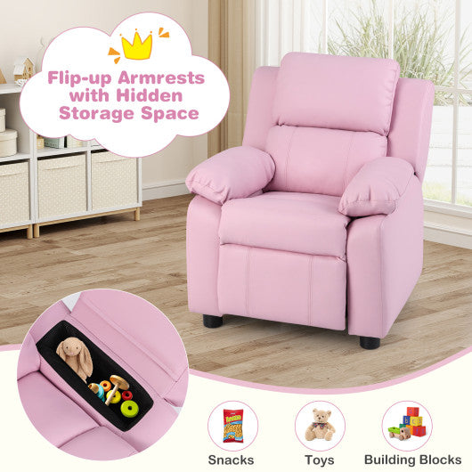 Kids Deluxe Headrest Recliner Sofa Chair with Storage Arms-Pink