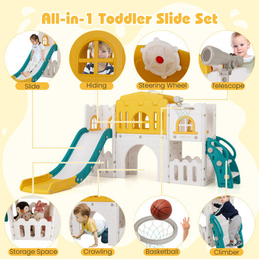 All-in-1 Toddle Slide Playset Playground with Tunnel and Ladder and Basketball-Yellow