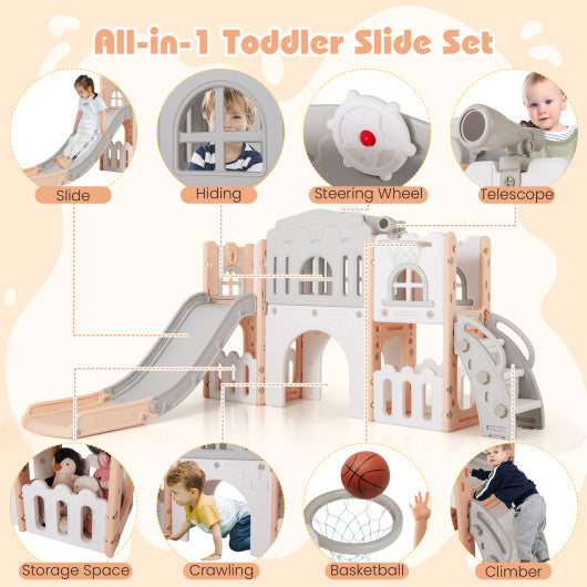 All-in-1 Toddle Slide Playset Playground with Tunnel and Ladder and Basketball-Pink