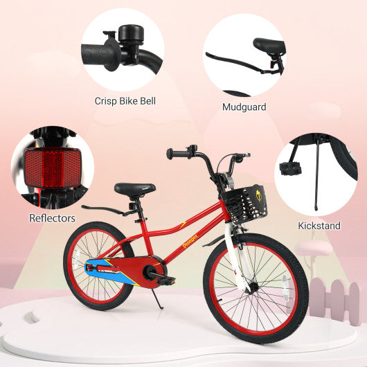 20 Inch Kids Bike Adjustable with Kickstand and Storage Basket for Aged 8+ Years-Red
