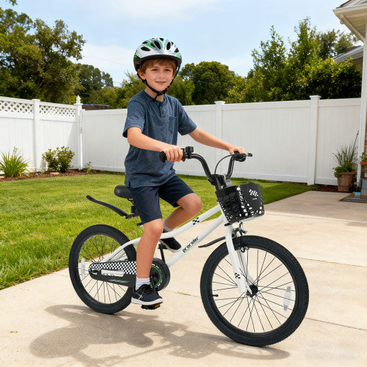 20 Inch Kids Bike Adjustable with Kickstand and Storage Basket for Aged 8+ Years-White