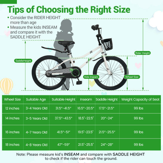 20 Inch Kids Bike Adjustable with Kickstand and Storage Basket for Aged 8+ Years-White