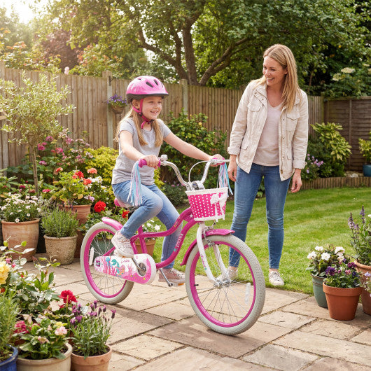 20 Inch Kids Bike Adjustable with Basket and Streamers Rose Red - Princess of the Sea Theme