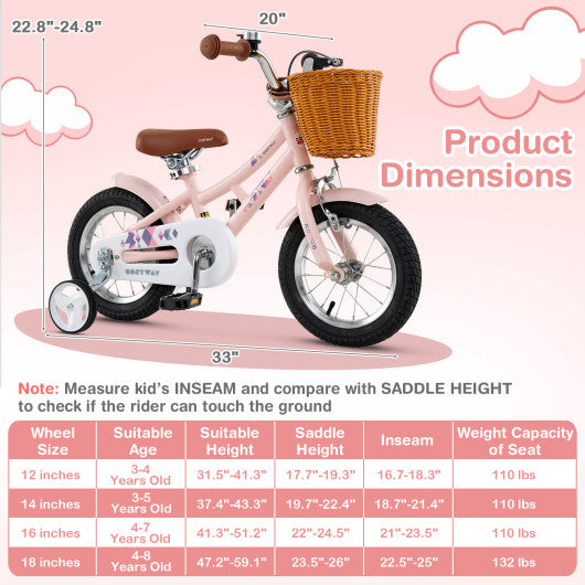 12 Inch Kids Bike Retro Bicycle with Adjustable Height and Basket for Ages 3-8 Years Old