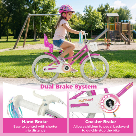 20 Inch Kids Bike with Front Basket and 2 Brake System for 8+ Years Old Rose Red
