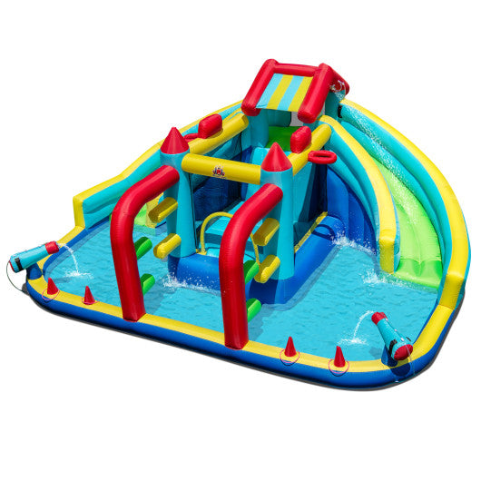 Inflatable Double Water Slide Park with Obstacle Course and Basketball Hoops