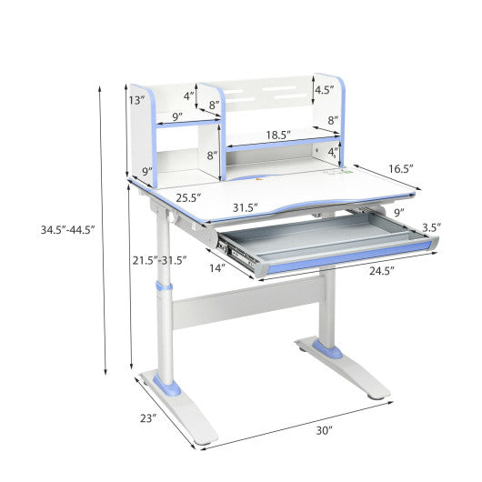 Kids Multifunctional Writing Desk with Tilt Desktop and Book Shelf-Blue