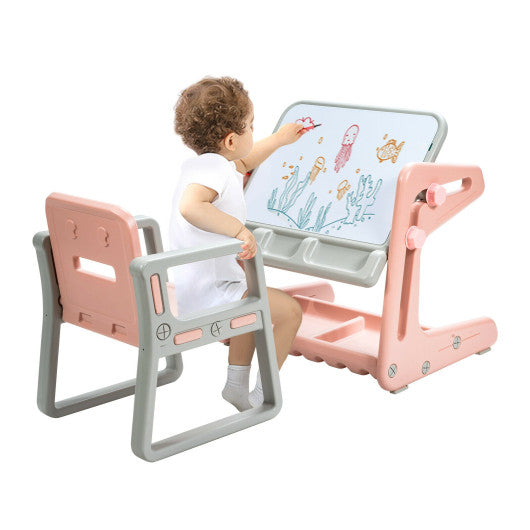 2 in 1 Kids Easel Table and Chair Set with Adjustable Art Painting Board-Pink