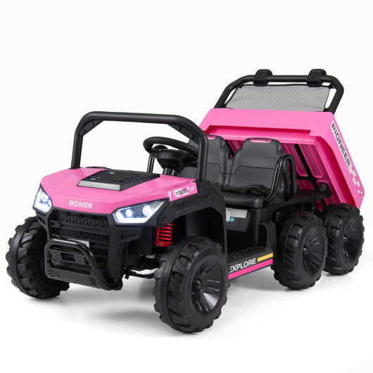 24V 2-Seater Kids Ride on Dump Truck 4WD with Electric Dump Bed and Lights-Pink
