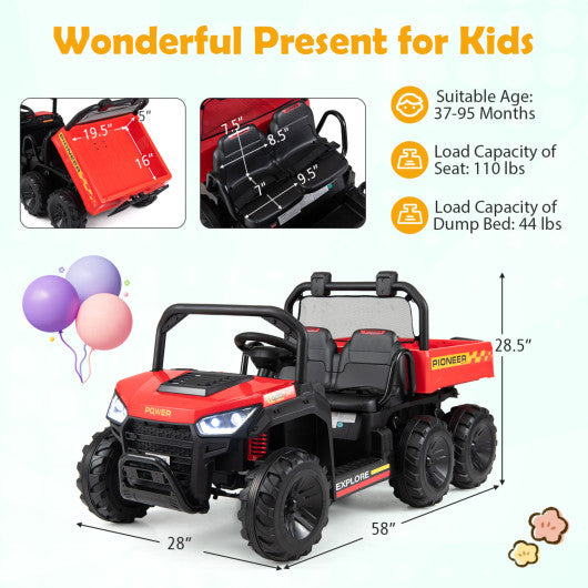 24V 2-Seater Kids Ride on Dump Truck 4WD with Electric Dump Bed and Lights-Red