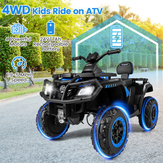 24V Kids ATV 2-Seater with 4 Motors with LED Lights and Music-Blue