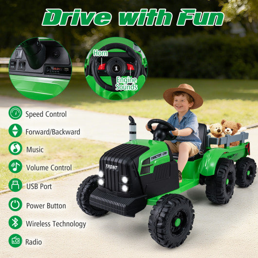 24V Ride On Tractor for Kids Electric Vehicle with Detachable Trailer and Remote Control-Green