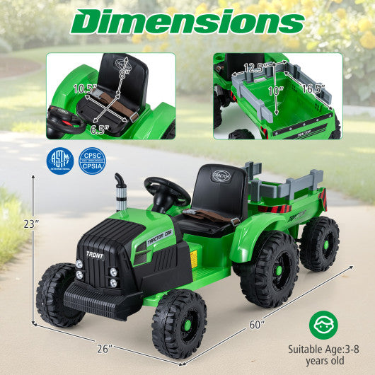 24V Ride On Tractor for Kids Electric Vehicle with Detachable Trailer and Remote Control-Green