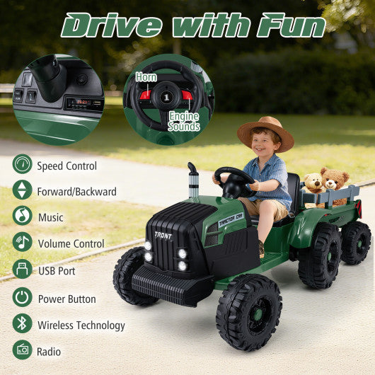 24V Ride On Tractor for Kids Electric Vehicle with Detachable Trailer and Remote Control-Dark Green