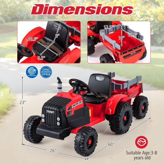 24V Ride On Tractor for Kids Electric Vehicle with Detachable Trailer and Remote Control-Red