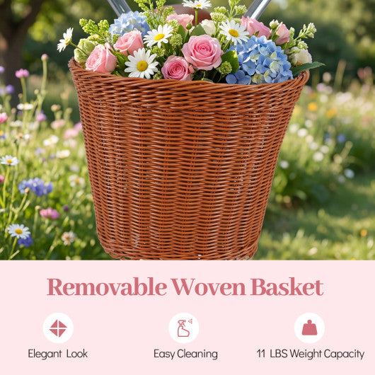 24-Inch Beach Cruiser Bike for Women with Woven Basket and Rear Rack - Pink