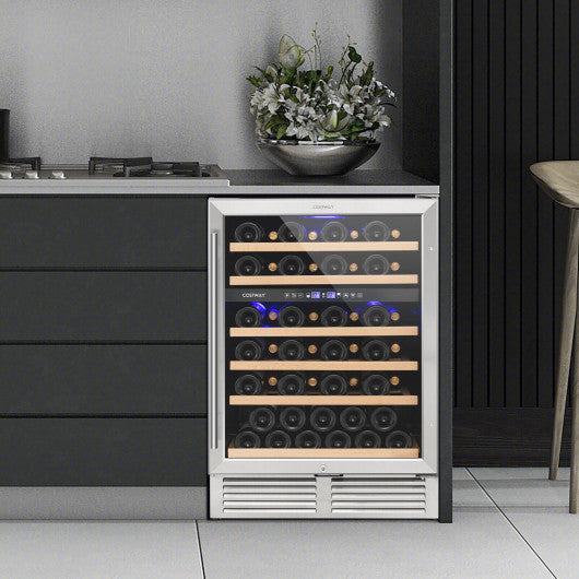 Dual Zone Wine Cooler for 51 Bottles with Reversible Door-Silver