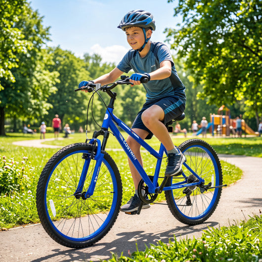 24 Inch Kids Mountain Bike Adjustable with 7 Speed and Suspension Fork-Blue