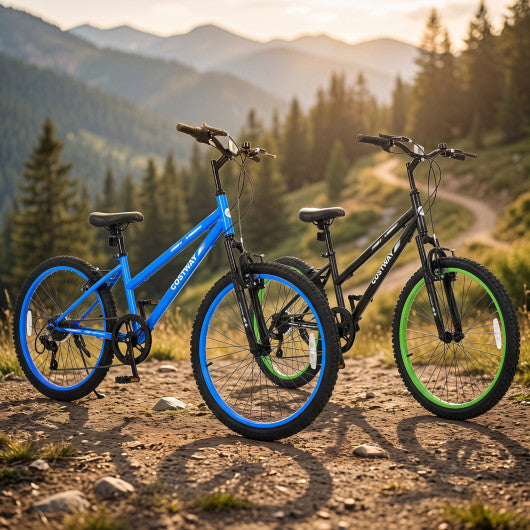 24 Inch Kids Mountain Bike Adjustable with 7 Speed and Suspension Fork-Blue