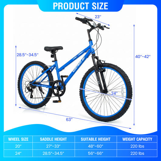 24 Inch Kids Mountain Bike Adjustable with 7 Speed and Suspension Fork-Blue