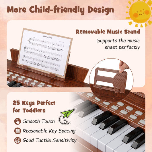 25 Keys Kids Piano Keyboard with Adjustable Speed and Volume-Brown