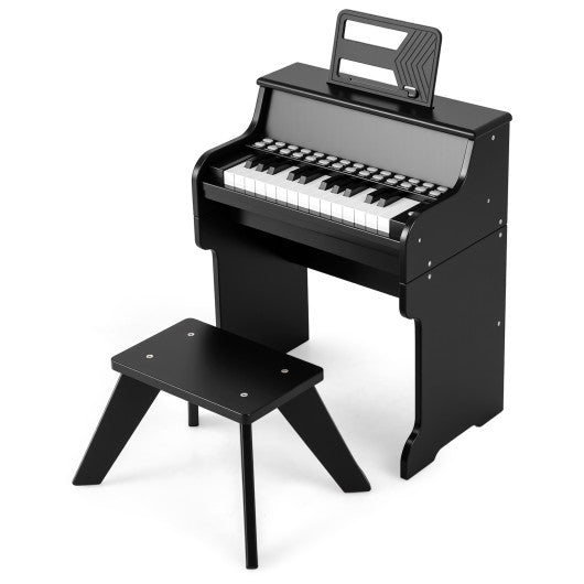 25 Keys Kids Piano Keyboard with Stool Mini Digital Piano Wooden Toy with Adjustable Speed and Volume-Black