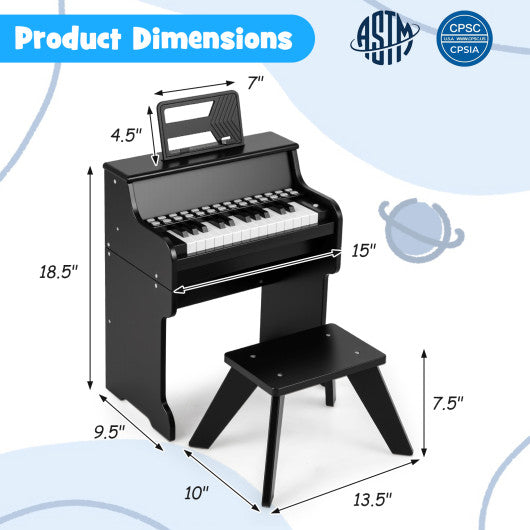 25 Keys Kids Piano Keyboard with Stool Mini Digital Piano Wooden Toy with Adjustable Speed and Volume-Black