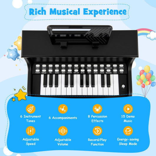 25 Keys Kids Piano Keyboard with Stool Mini Digital Piano Wooden Toy with Adjustable Speed and Volume-Black