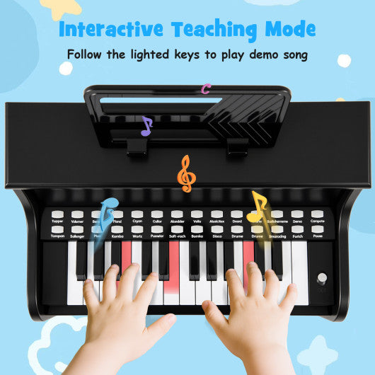 25 Keys Kids Piano Keyboard with Stool Mini Digital Piano Wooden Toy with Adjustable Speed and Volume-Black