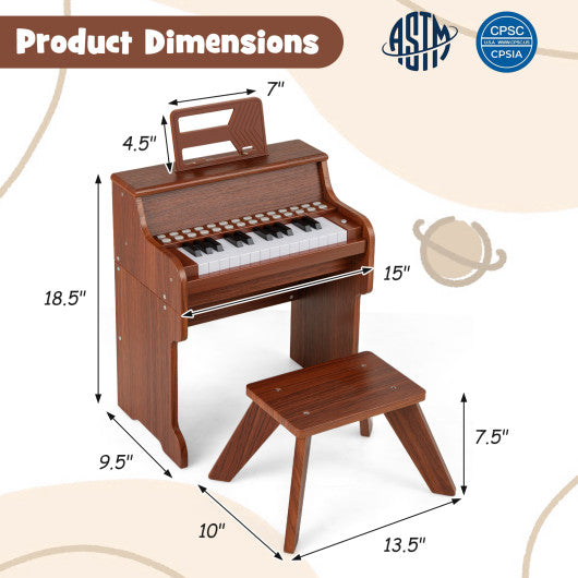 25 Keys Kids Piano Keyboard with Stool Mini Digital Piano Wooden Toy with Adjustable Speed and Volume-Brown