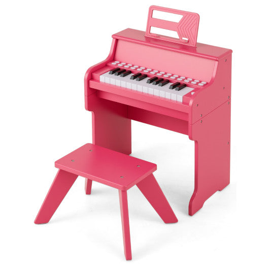 25 Keys Kids Piano Keyboard with Stool Mini Digital Piano Wooden Toy with Adjustable Speed and Volume-Pink