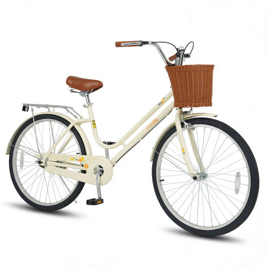 26 Inch Beach Cruiser Bike for Women with Woven Basket and Rear Rack - Beige