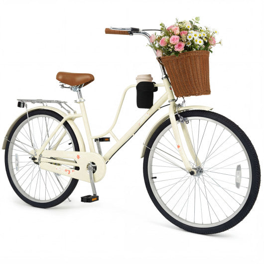 26-Inch Beach Cruiser Bike with Cup Holder and Woven Basket - Beige