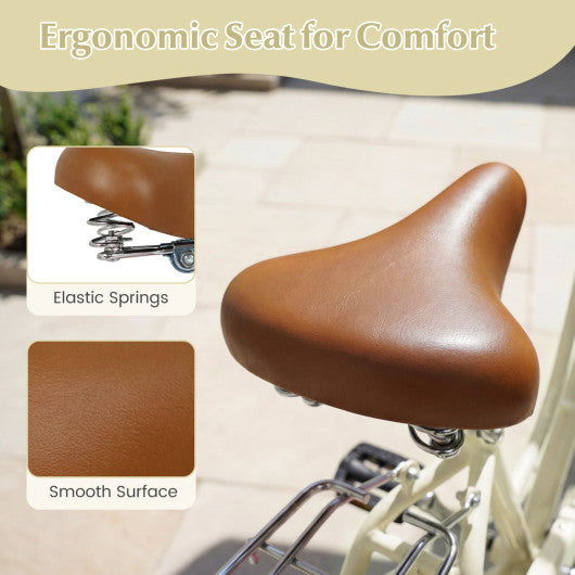 26-Inch Beach Cruiser Bike with Cup Holder and Woven Basket - Beige