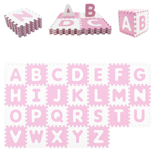 26 Pieces Interlocking ABC Play Mats with Detachable Letters-Pink