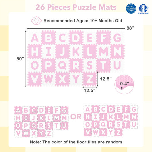 26 Pieces Interlocking ABC Play Mats with Detachable Letters-Pink