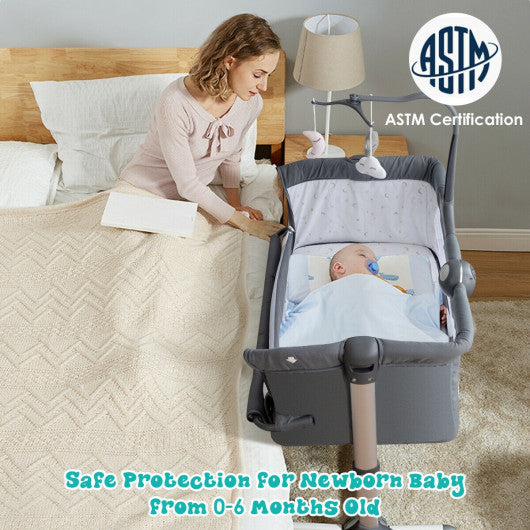 Height Adjustable Baby Side Crib with Music Box & Toys-Dark Gray