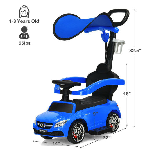 3-in-1 Ride on Push Car Mercedes-Benz Licensed Sliding Car with Canopy-Blue