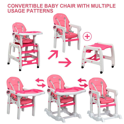 3-in-1 Baby High Chair with Lockable Universal Wheels-Pink