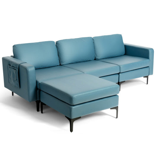 Modular 3-Seat L-shaped Sectional Sofa with Reversible Chaise and 2 USB Ports-Blue