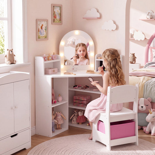 2-In-1 Kids Vanity Set with Lights and Ring Slots for Toddlers 3+ Years Old-White
