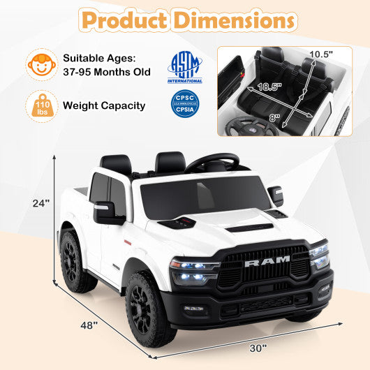 2 Seater 24V Ride on Toy for Big Kids Licensed Ram Truck with Remote and Music-White