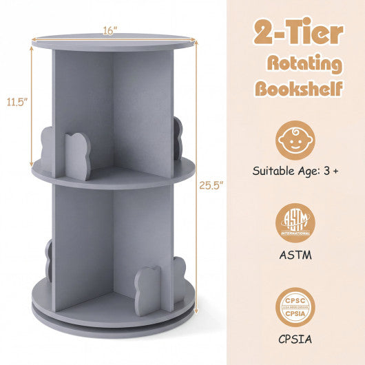 2 Tier Freestanding Kids Rotating Bookshelf Storage Rack with Bear Baffles-Gray