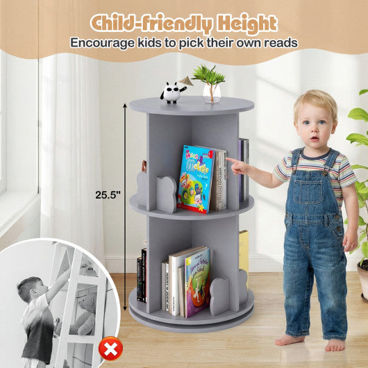 2 Tier Freestanding Kids Rotating Bookshelf Storage Rack with Bear Baffles-Gray