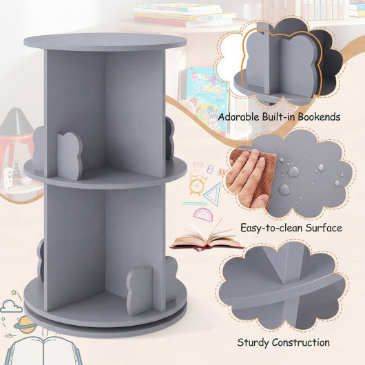 2 Tier Freestanding Kids Rotating Bookshelf Storage Rack with Bear Baffles-Gray