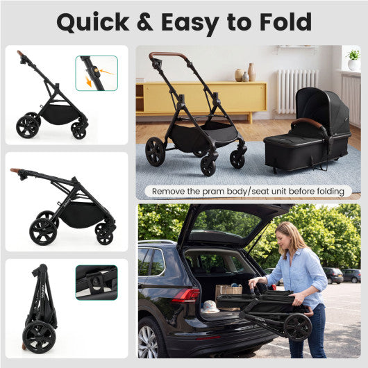 2-in-1 Convertible Baby Stroller with Car Seat Adapters-Black