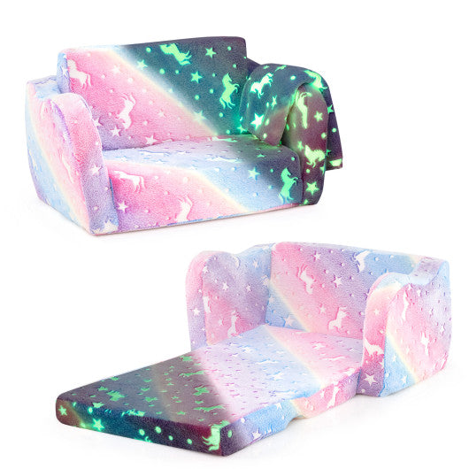2-in-1 Folding Kids Couch with Blanket Glow in the Dark-Multicolor