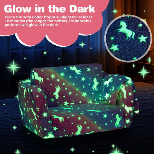 2-in-1 Folding Kids Couch with Blanket Glow in the Dark-Multicolor