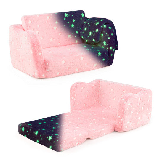 2-in-1 Folding Kids Couch with Blanket Glow in the Dark-Pink