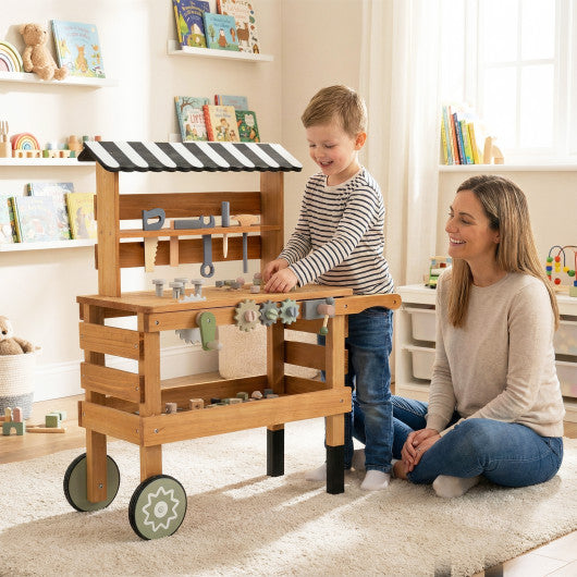 2-in-1 Kids Rolling Cart with Play Tools Set for Construction Play-Brown